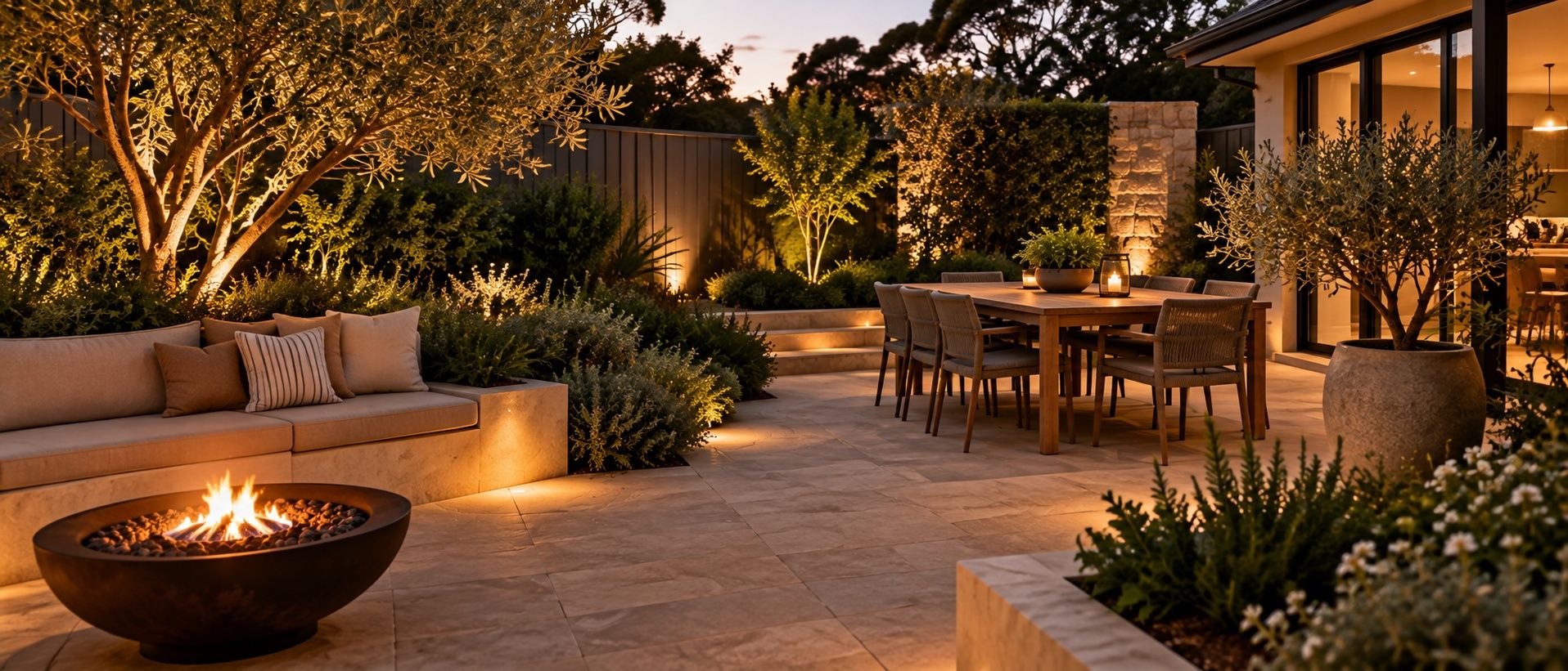 A landscaped Sydney courtyard at dusk