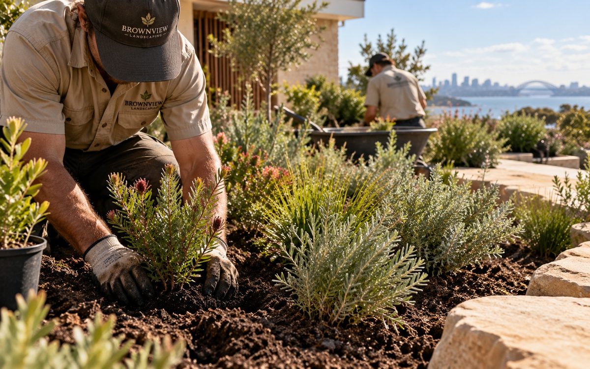 Brownview landscapers planting a garden bed